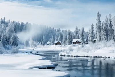Winter Landscape With Frozen River And Wooden Cabins