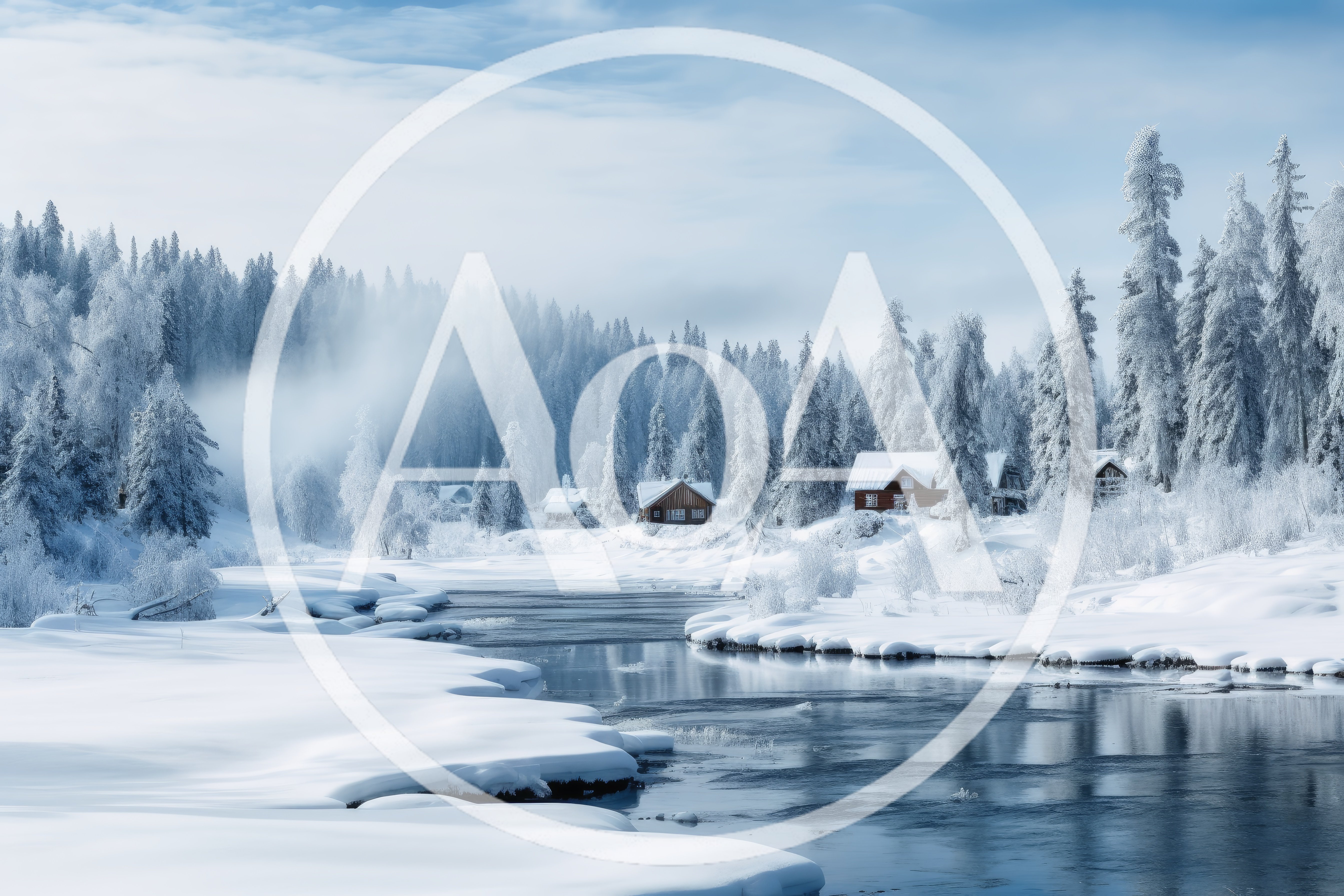 Winter Landscape With Frozen River And Wooden Cabins
