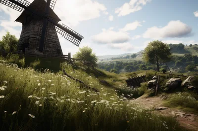 Old Stone Windmill In A Lush Green Meadow