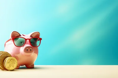 Pink Piggy Bank Wearing Red Sunglasses With Gold Coins