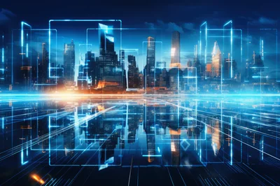 Futuristic Digital Cityscape With Glowing Data Network Lines