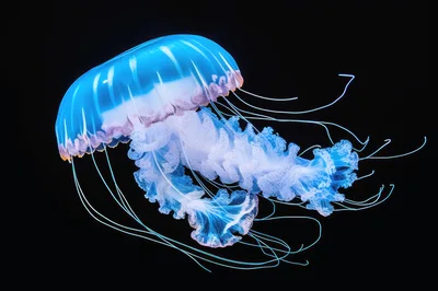 Glowing Blue Jellyfish Floating In Deep Ocean Waters