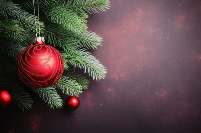 Red Christmas Ornament Hanging On Pine Branch