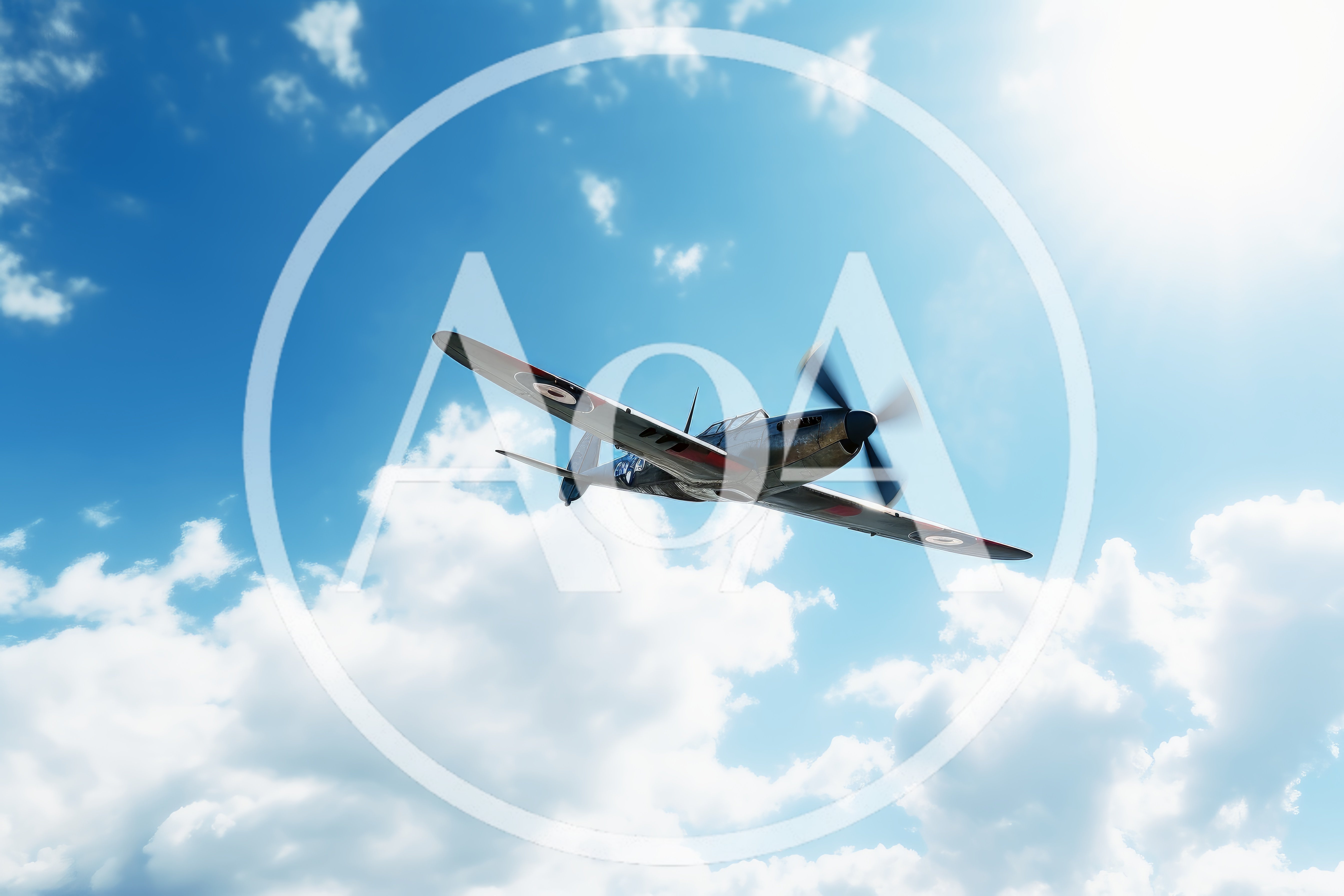 Vintage Supermarine Spitfire Fighter Plane Flying In Blue Sky