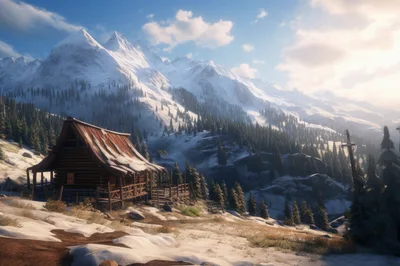 Rustic Log Cabin In Snowy Mountain Landscape
