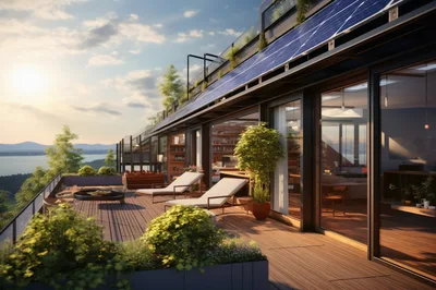 Modern Luxury Rooftop Terrace With Solar Panels At Sunset
