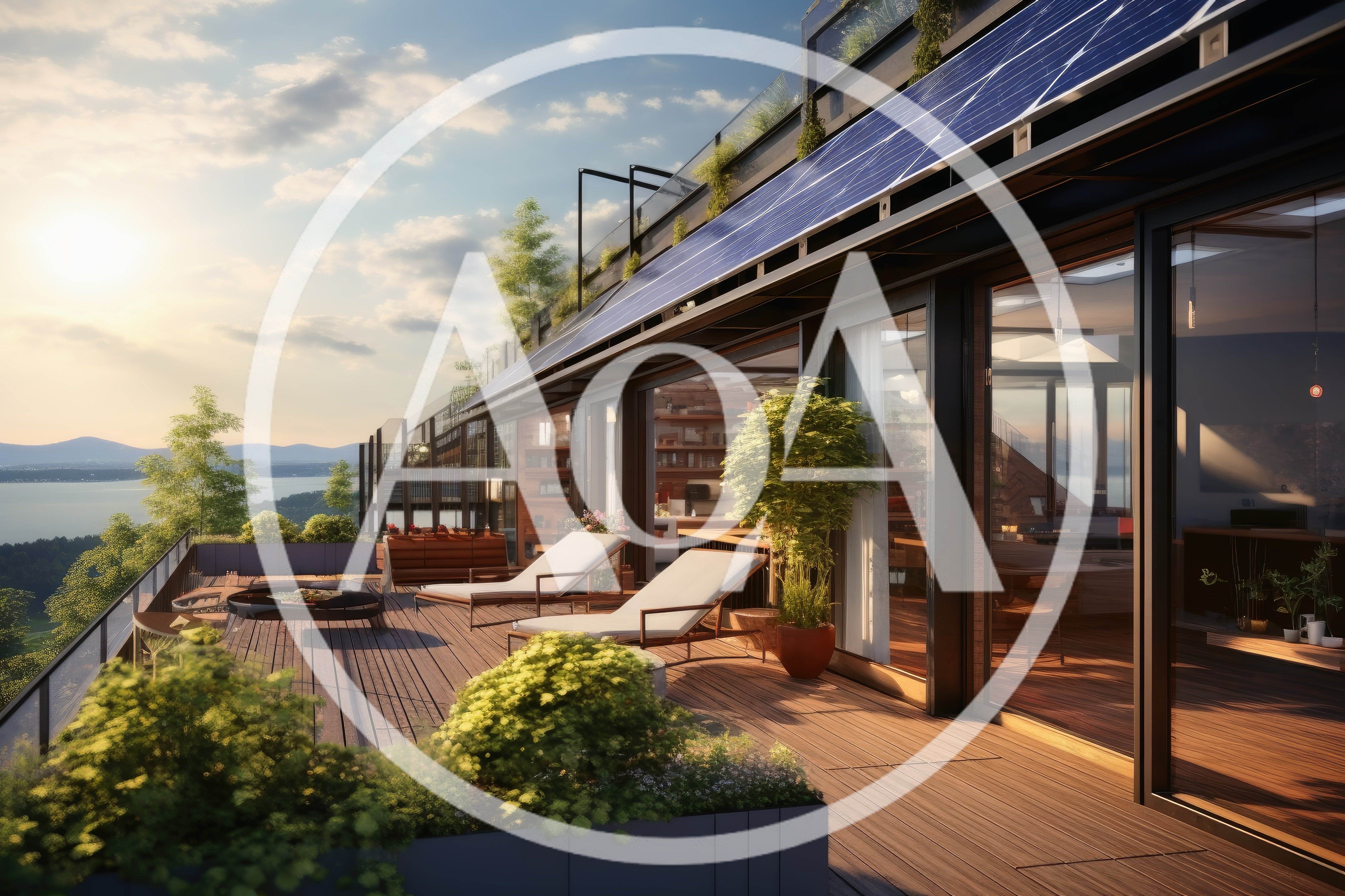 Modern Luxury Rooftop Terrace With Solar Panels At Sunset