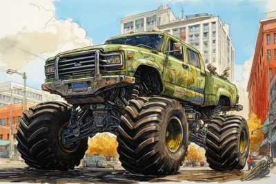 Green Monster Truck Parked On City Street