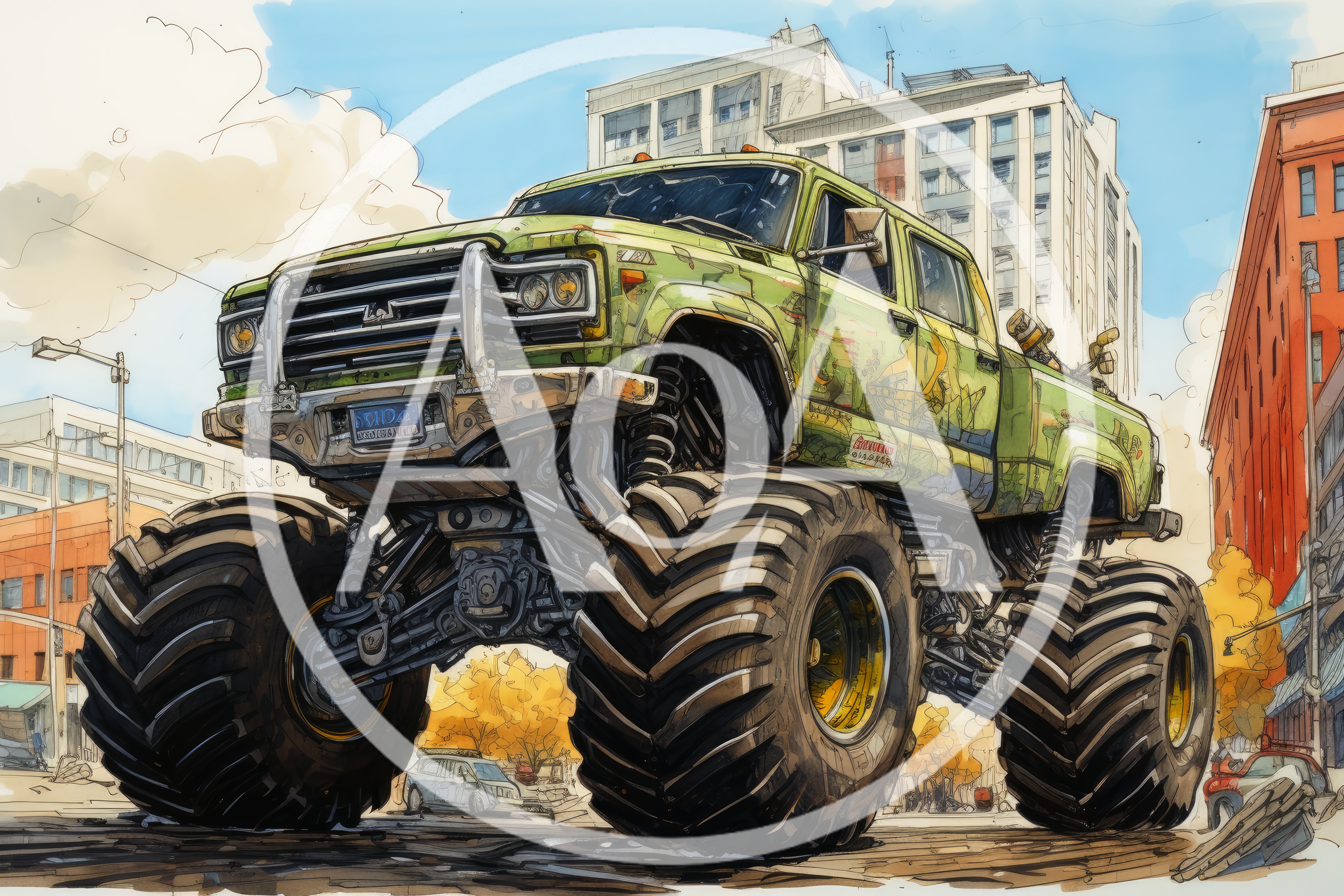 Green Monster Truck Parked On City Street