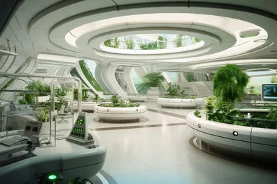 Futuristic Sci-Fi Laboratory Interior With Lush Indoor Plants