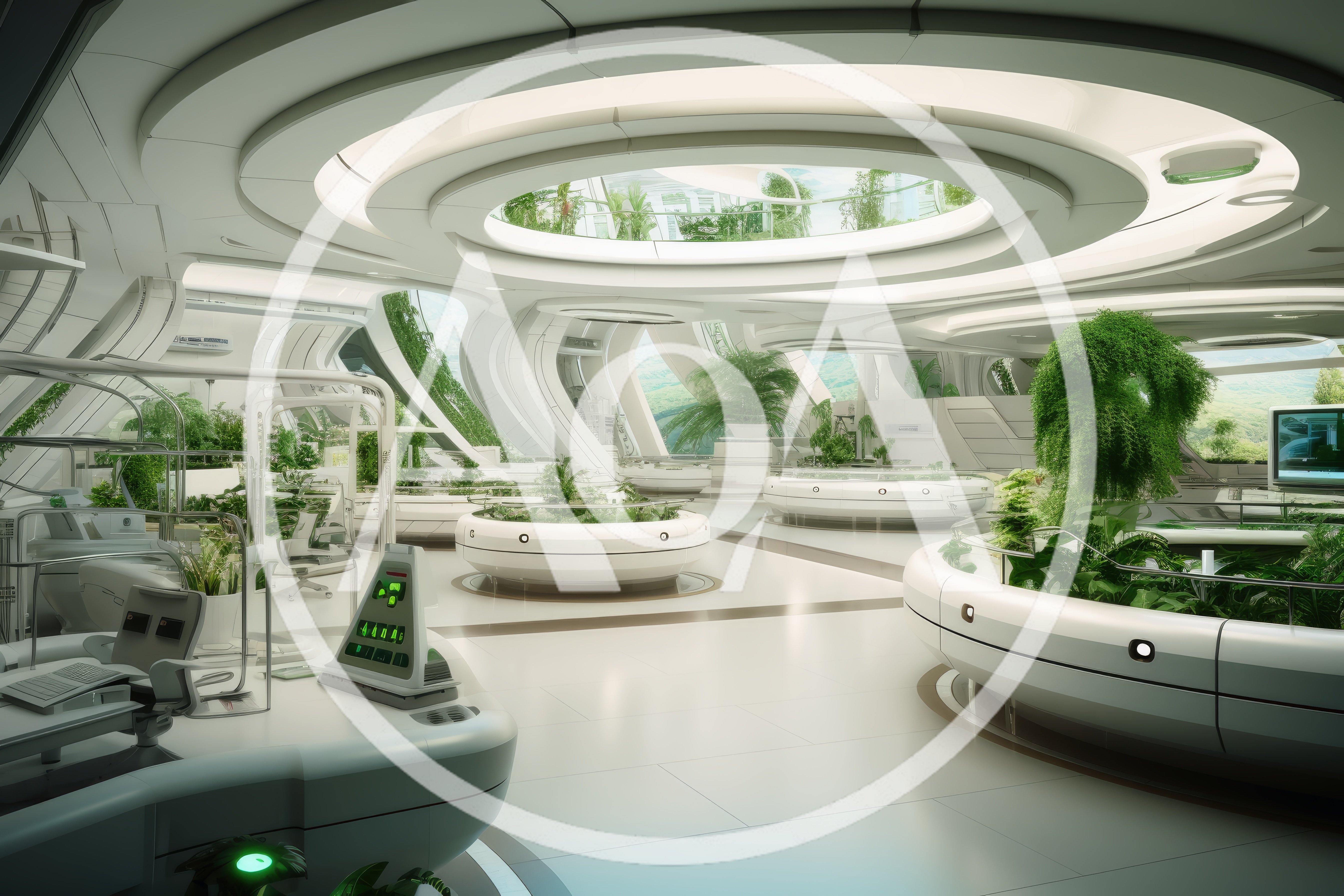 Futuristic Sci-Fi Laboratory Interior With Lush Indoor Plants