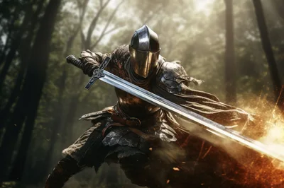Medieval Knight Swinging A Longsword In A Forest