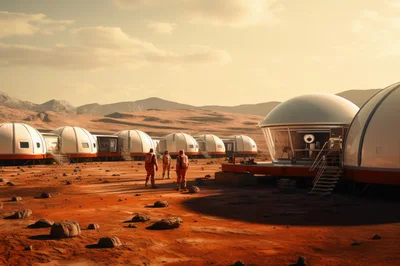 Astronauts Walking Near Futuristic Mars Colony Habitats