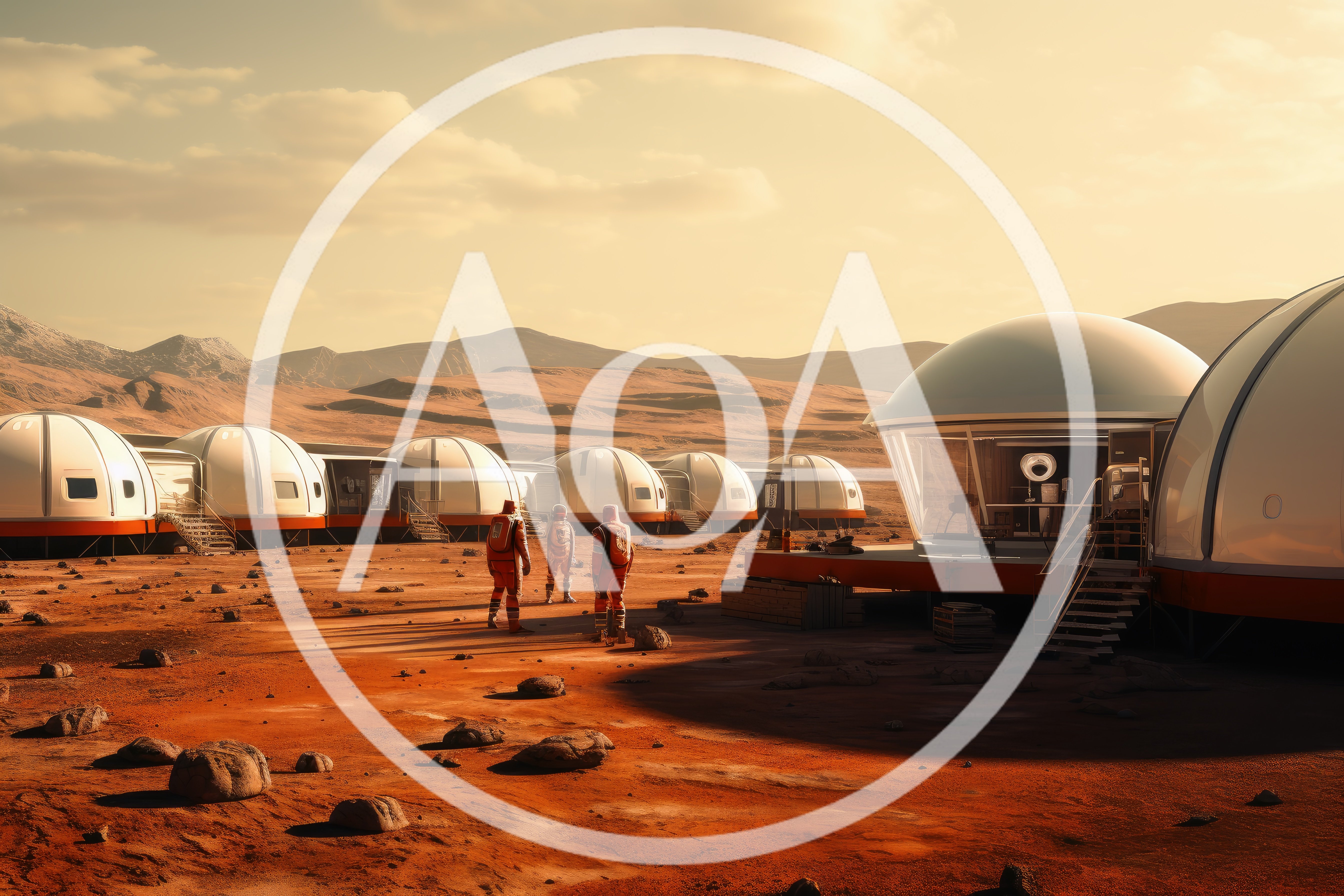 Astronauts Walking Near Futuristic Mars Colony Habitats