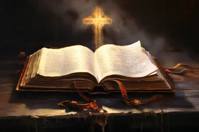 Open Holy Bible With Glowing Cross Background