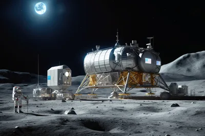 Astronaut Standing Near Lunar Base On Moon Surface