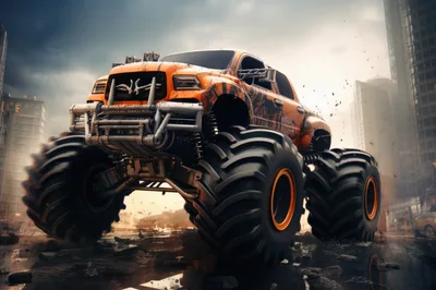 Orange Monster Truck Driving Through Post-Apocalyptic City