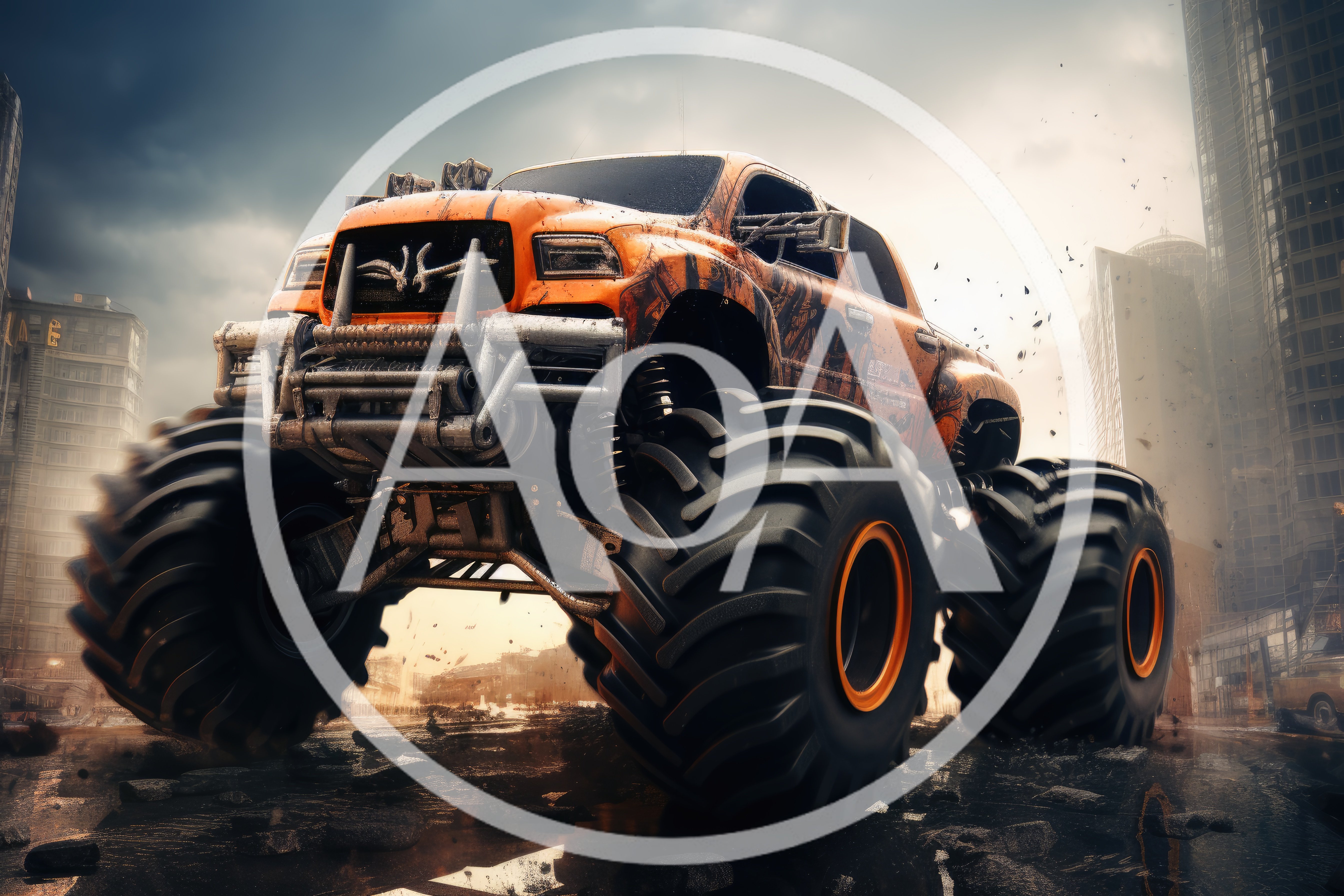 Orange Monster Truck Driving Through Post-Apocalyptic City