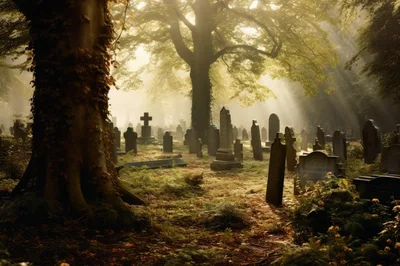 Sunlight Streaming Through Trees In An Ancient Cemetery