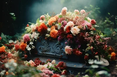 Floral Arrangement On An Ornate Stone Grave Marker