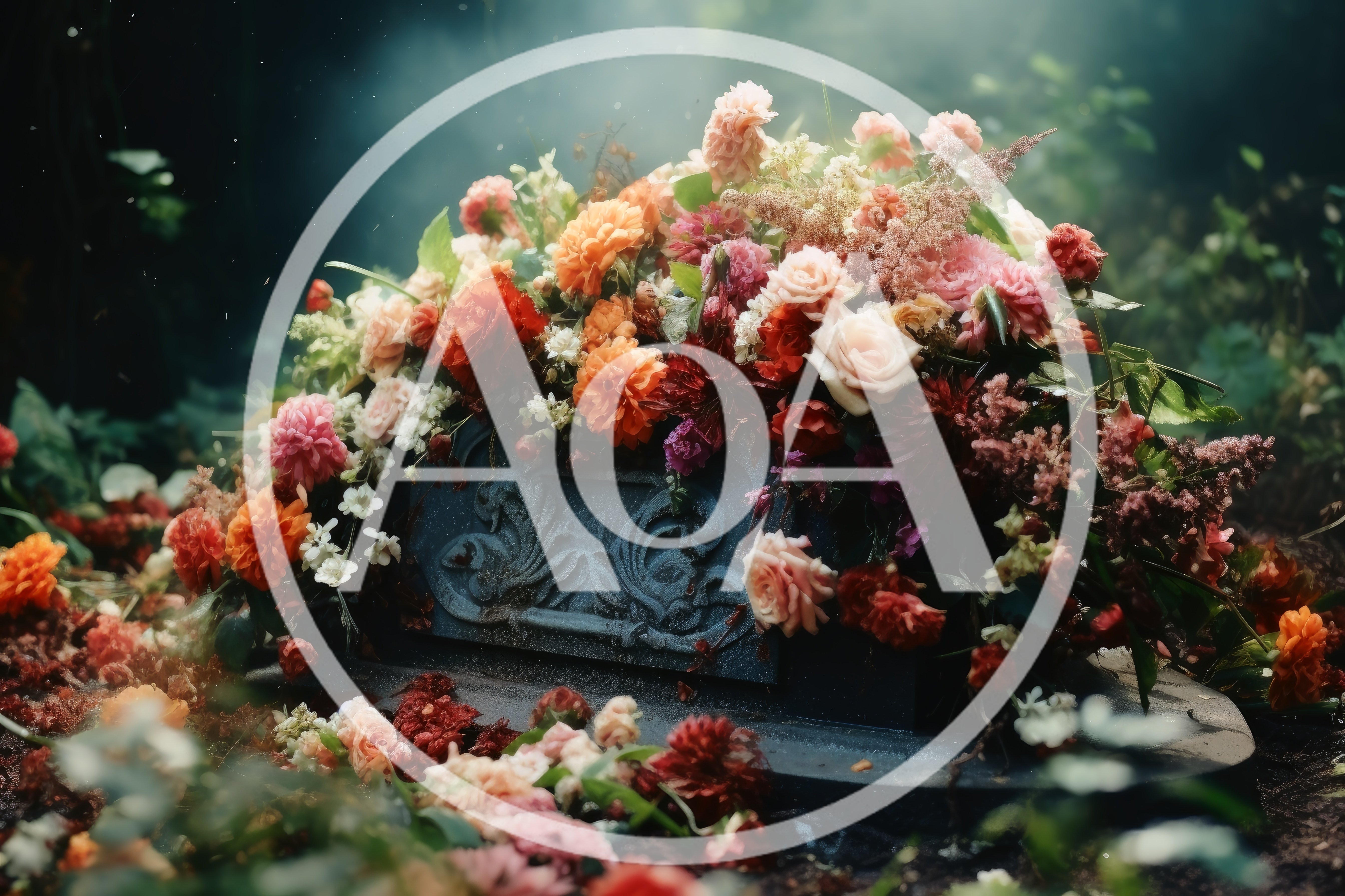 Floral Arrangement On An Ornate Stone Grave Marker