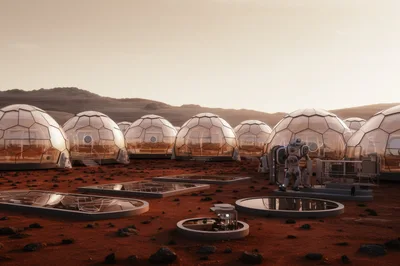Futuristic Mars Colony With Geodesic Domes And Astronaut