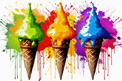 Three Colorful Ice Cream Cones With Paint Splatter Art