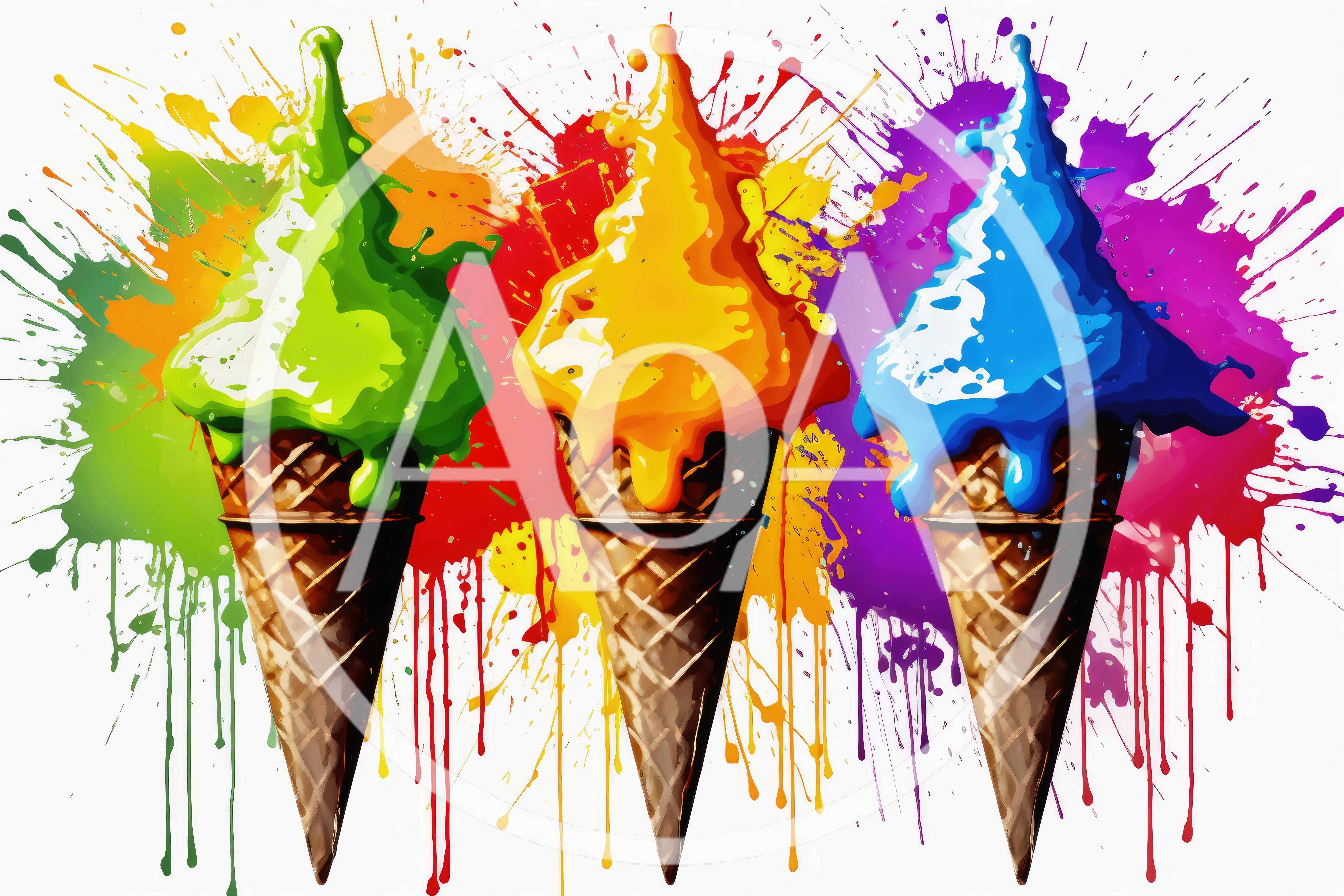 Three Colorful Ice Cream Cones With Paint Splatter Art