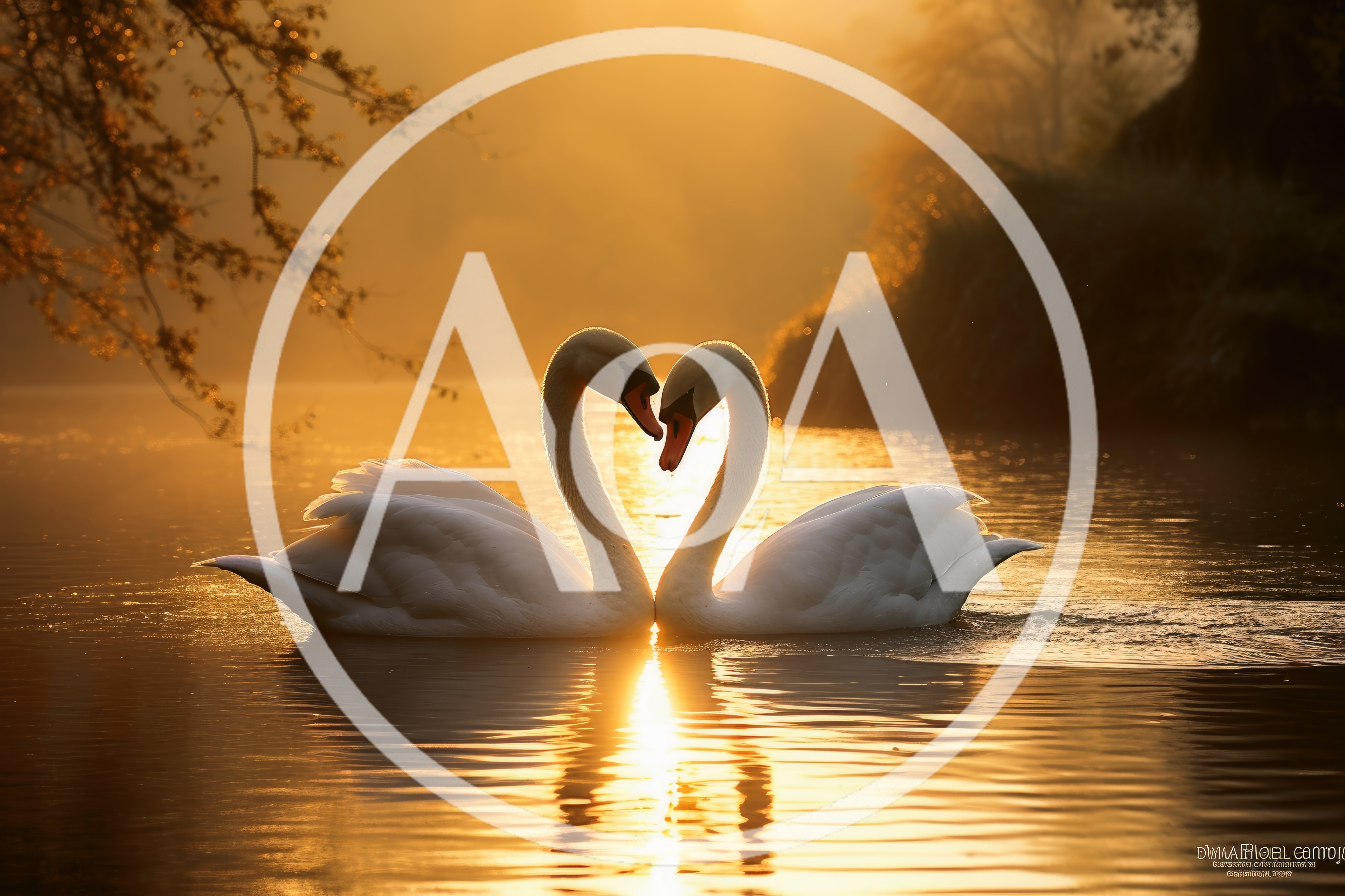 Two Swans Forming A Heart Shape On Golden Water