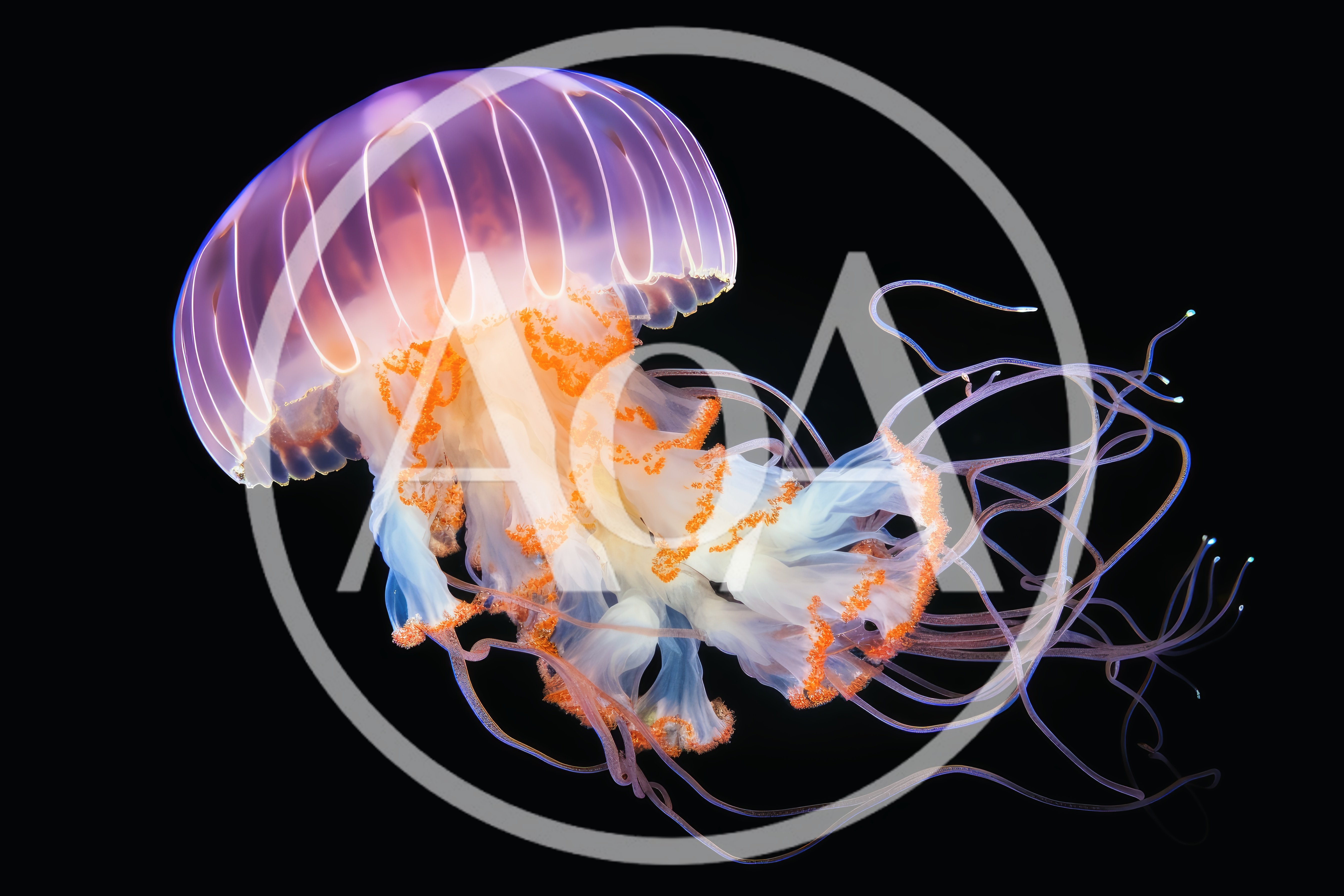 Glowing Japanese Sea Nettle Jellyfish Floating In Dark Water