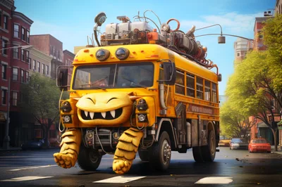 Monster School Bus Driving Through City Street