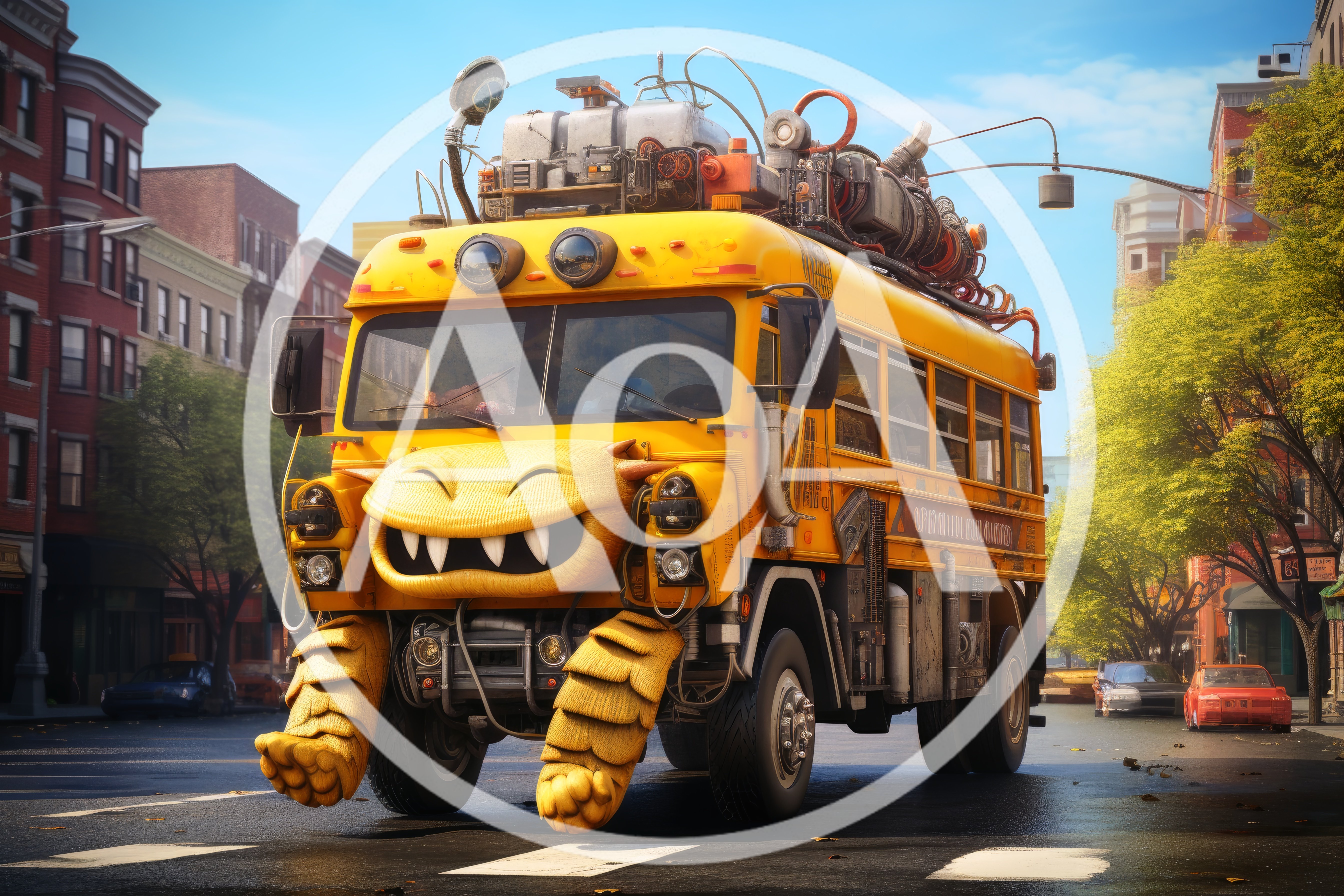 Monster School Bus Driving Through City Street