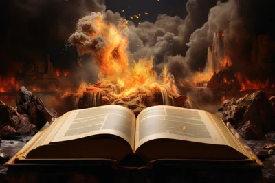 Open Book With Magical Fiery Landscape Background