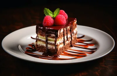 Decadent Chocolate Layer Cake Slice With Fresh Raspberries