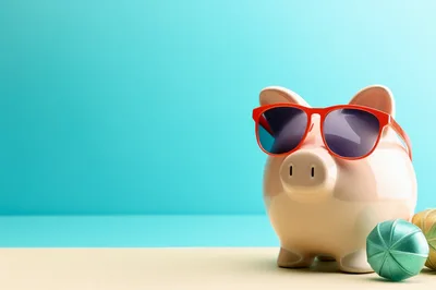 Piggy Bank Wearing Sunglasses on a Sandy Beach