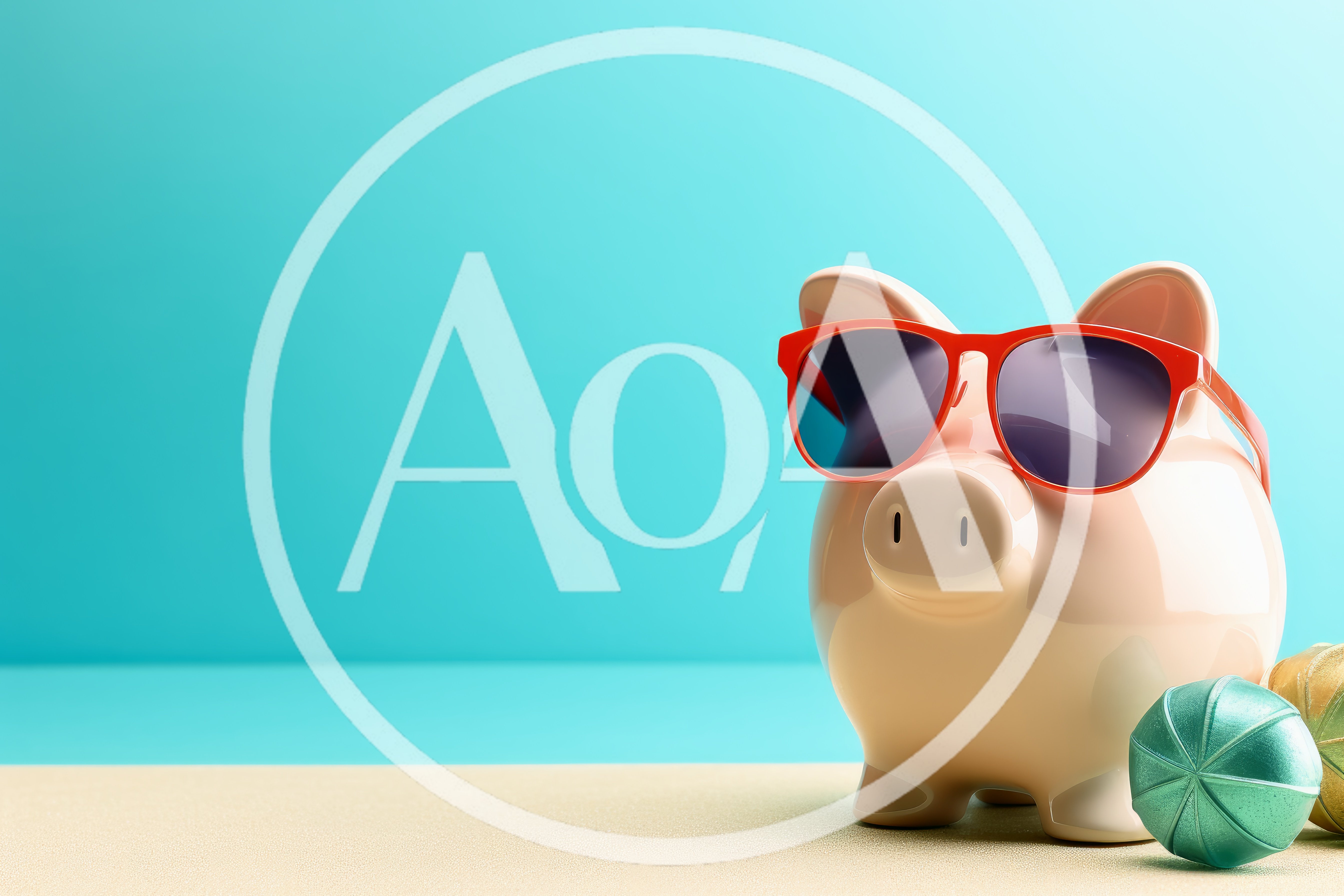 Piggy Bank Wearing Sunglasses on a Sandy Beach