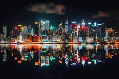 Hong Kong Skyline Night View With Water Reflection