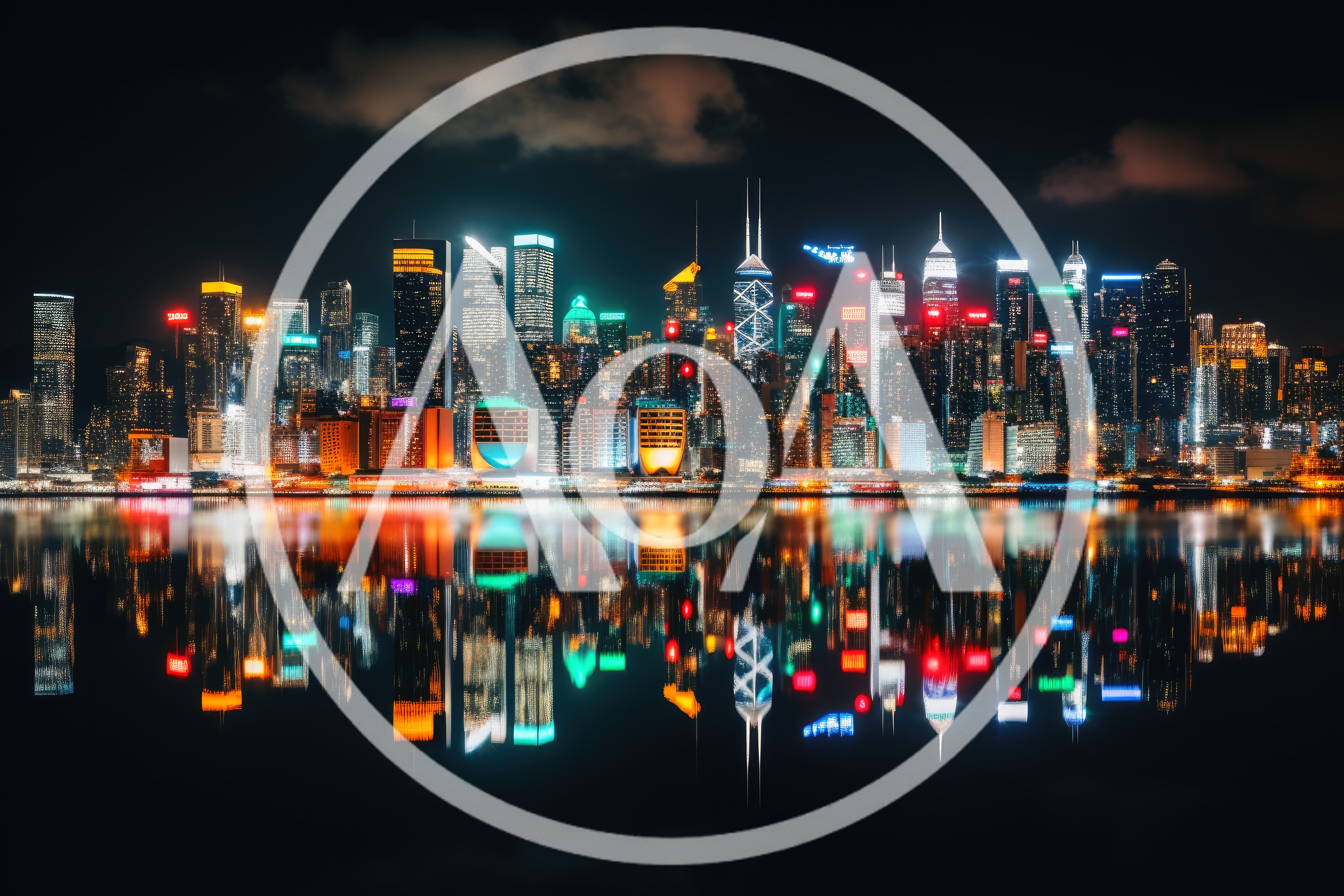 Hong Kong Skyline Night View With Water Reflection