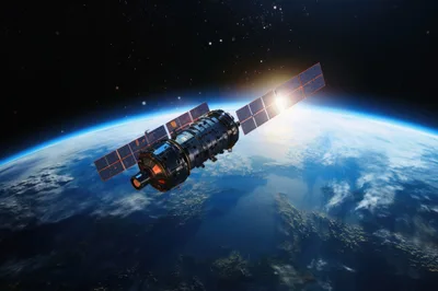 Artificial Satellite Orbiting Above Earth At Sunrise
