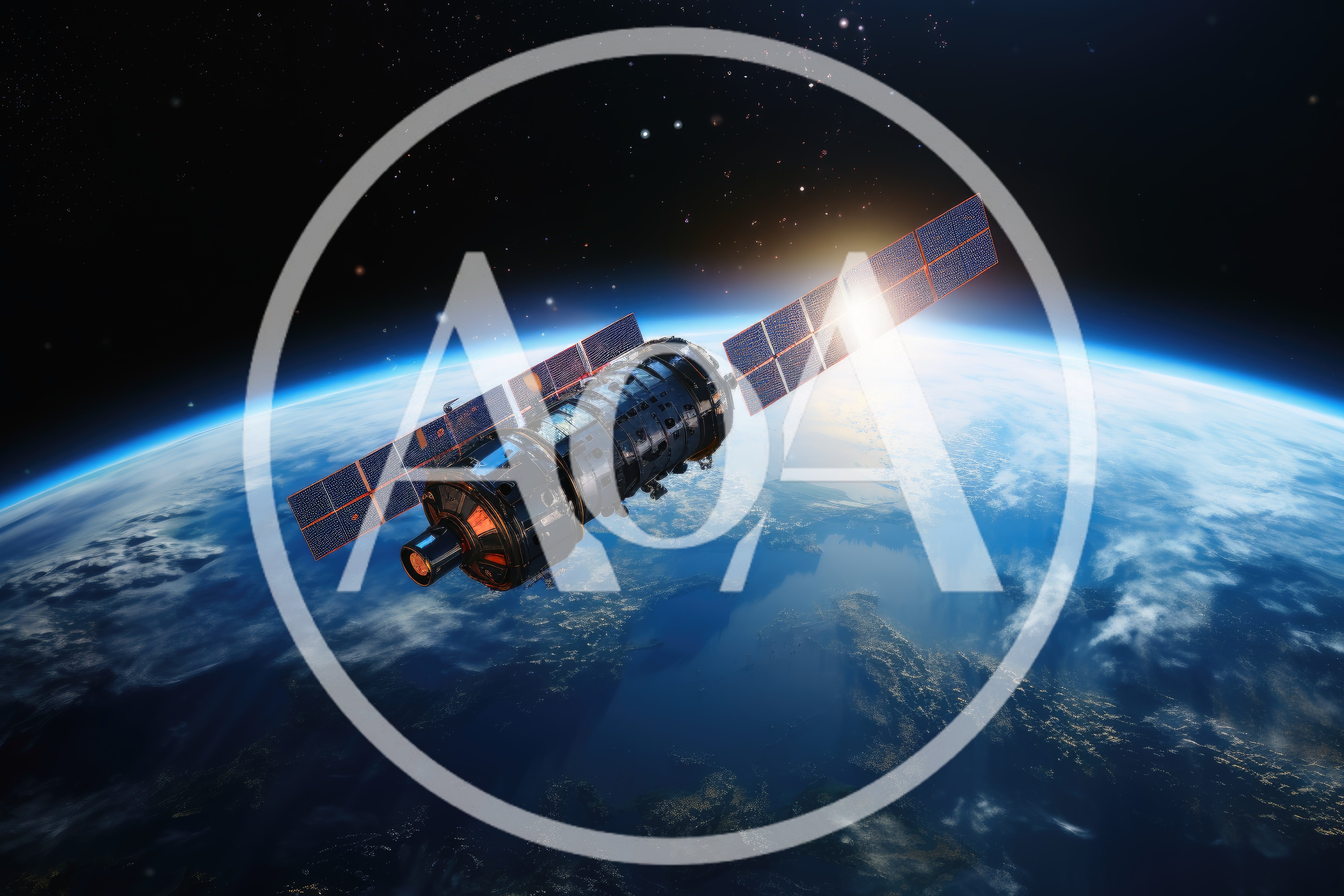 Artificial Satellite Orbiting Above Earth At Sunrise