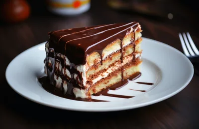 Slice Of Layered Chocolate Cake On A White Plate