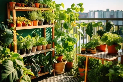 Potted Plants On A Sunny Apartment Balcony Garden