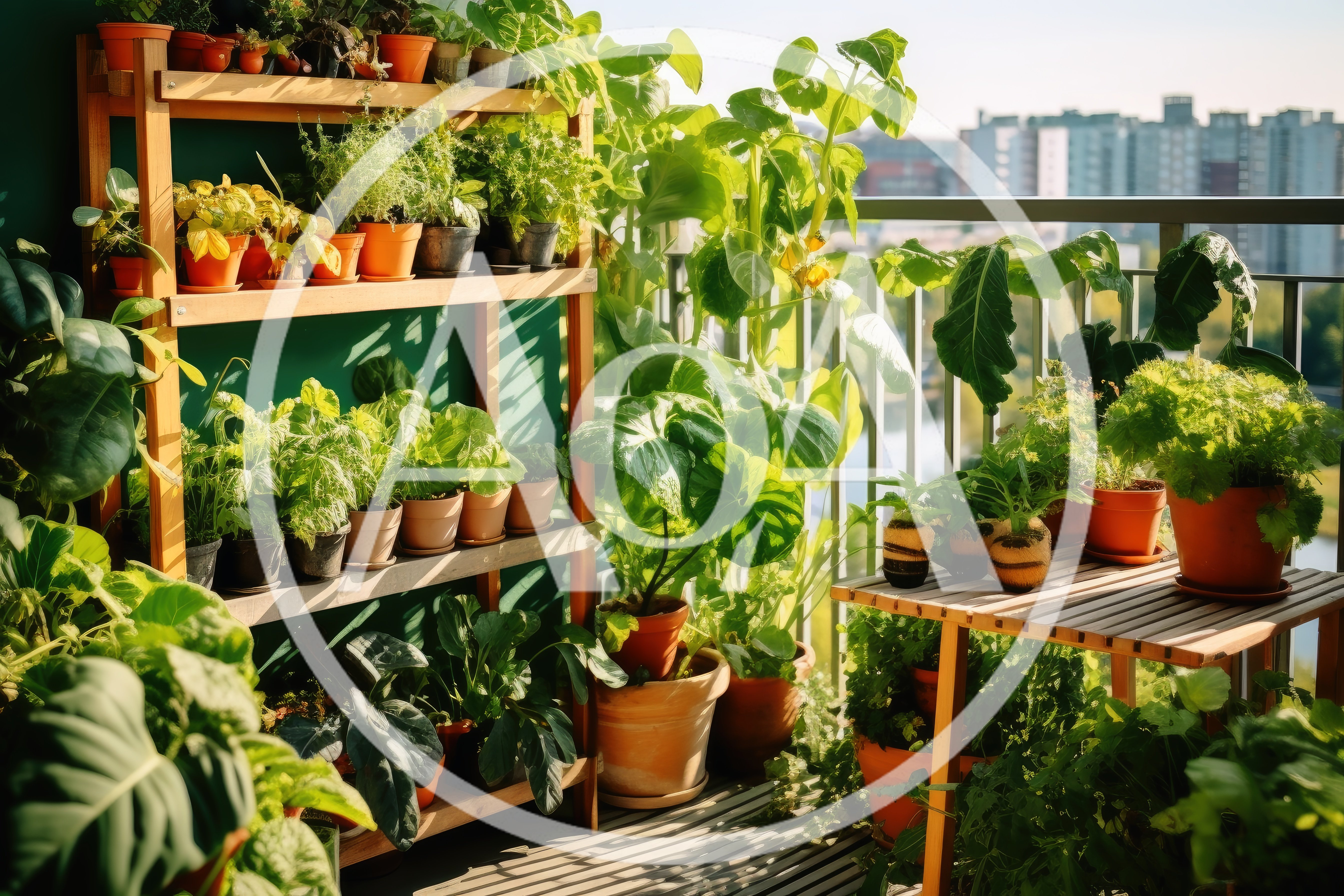 Potted Plants On A Sunny Apartment Balcony Garden