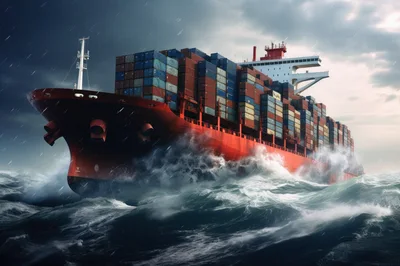 Large Container Ship Navigating Rough Stormy Seas