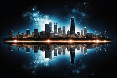 Chicago Skyline Reflection Under A Starry Night Sky