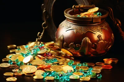 Ornate Treasure Pot Filled With Gold Coins And Gems