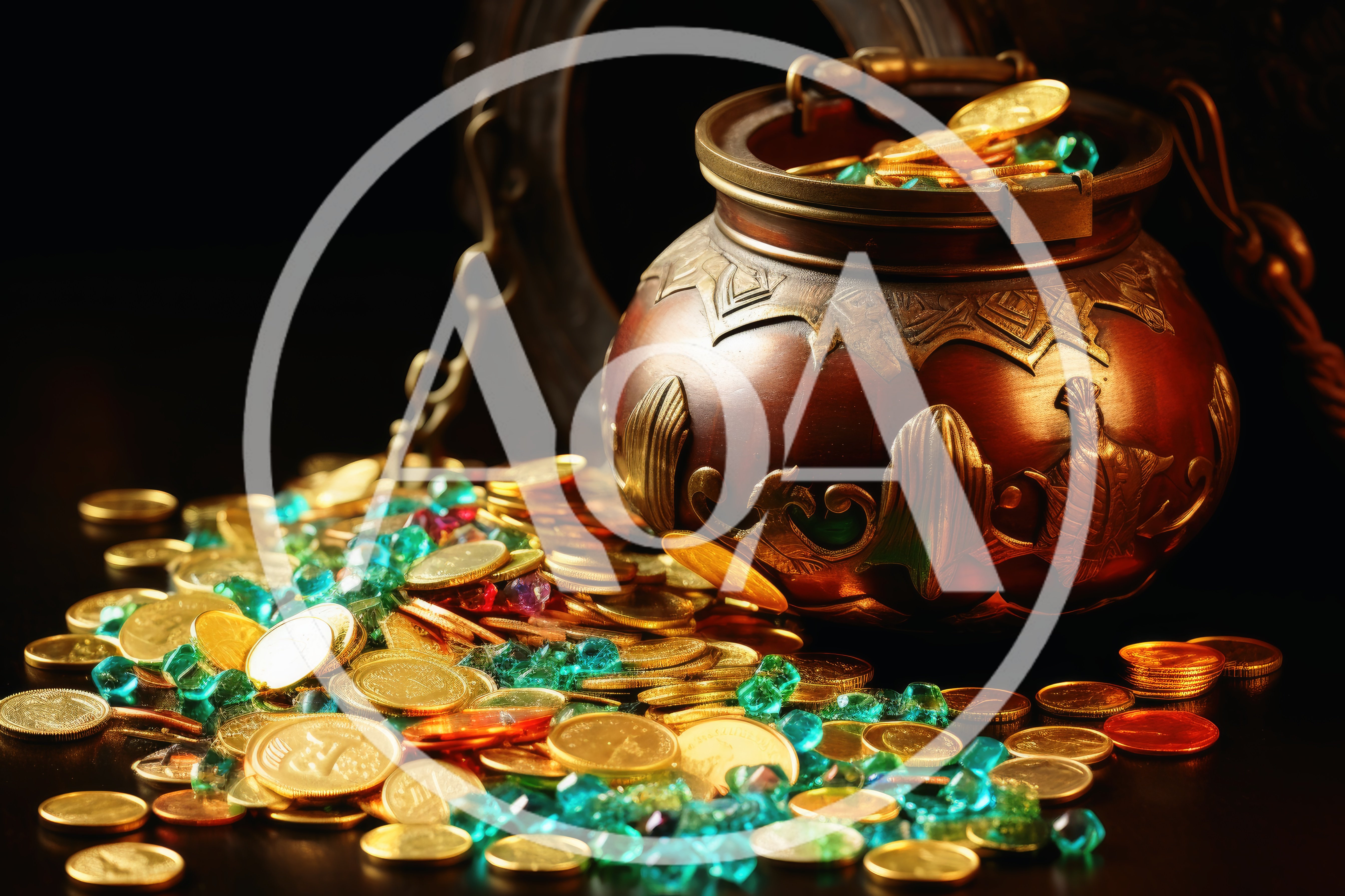 Ornate Treasure Pot Filled With Gold Coins And Gems
