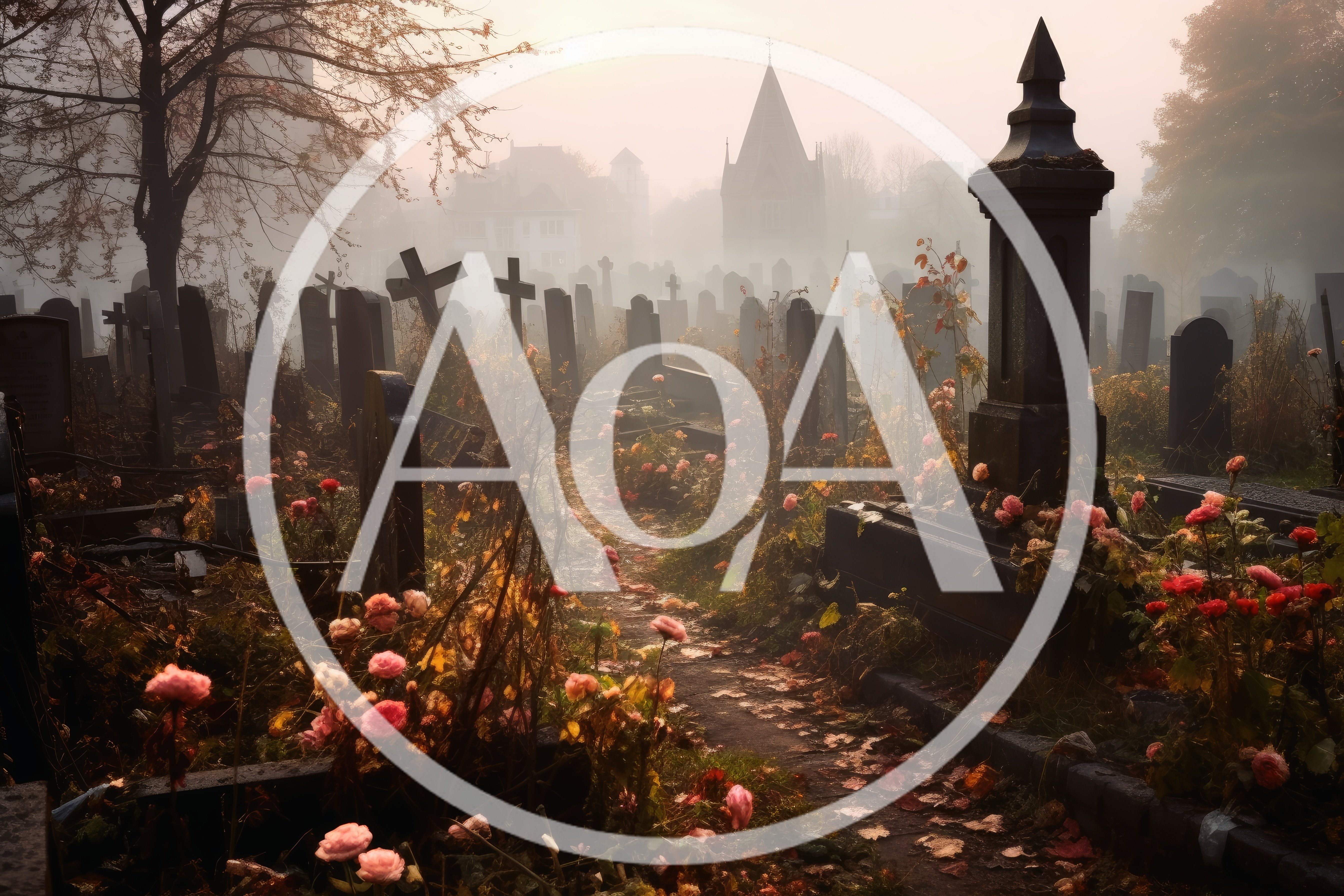 Misty Cemetery Path With Overgrown Flowers And Gravestones