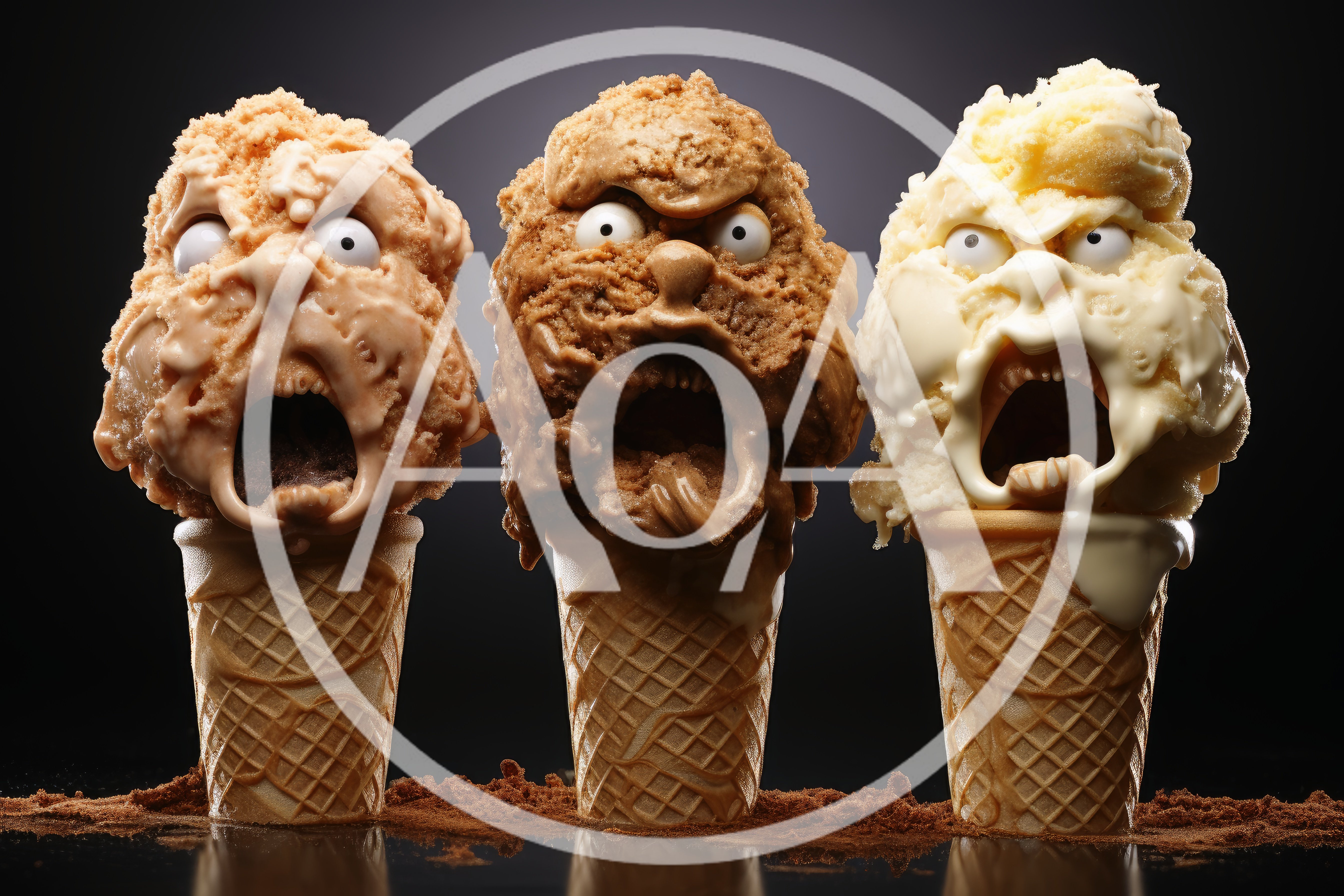 Three Screaming Ice Cream Cones With Human Faces