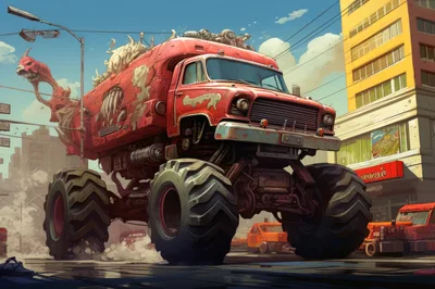 Mutant Monster Truck Driving Through City Street